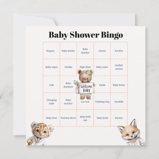 Whimsical Pajama Animals: Baby Shower Bingo カード (正面)