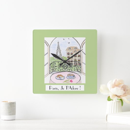 Whimsical Paris Eiffel Tower I Adore You! スクエア壁時計 (ホーム)