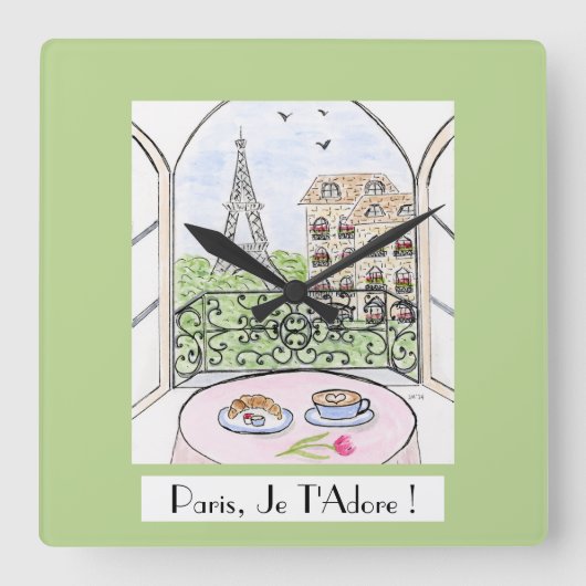 Whimsical Paris Eiffel Tower I Adore You! スクエア壁時計 (正面)