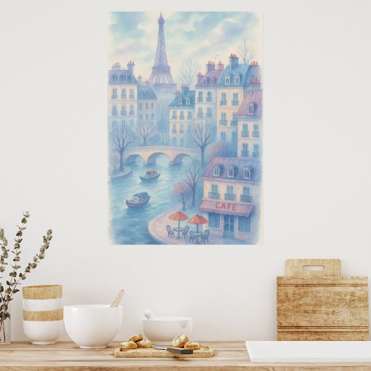 Whimsical Paris Watercolor Cityscape ポスター (キッチン)
