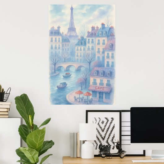 Whimsical Paris Watercolor Cityscape ポスター (ホームオフィス)