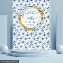 Whimsical Pastel Blue Gold Baby Shower Backdrop タペストリー