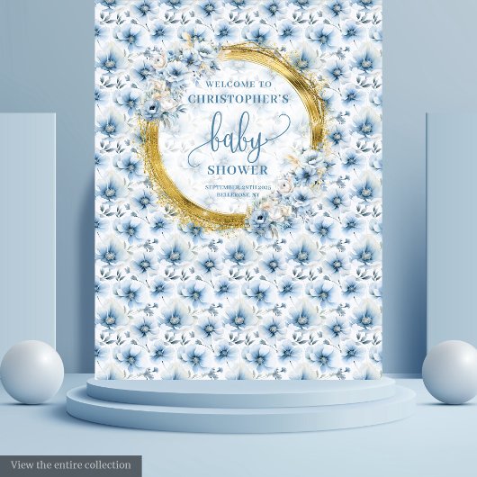 Whimsical Pastel Blue Gold Baby Shower Backdrop タペストリー