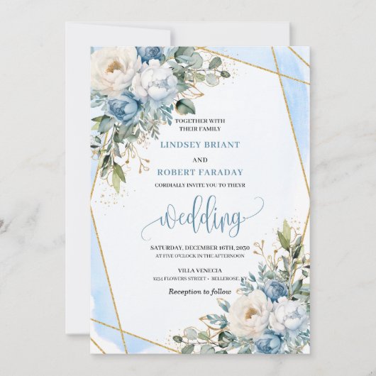 Whimsical Pastel Blue Sage Gold Flowers Invitation 招待状 (正面)