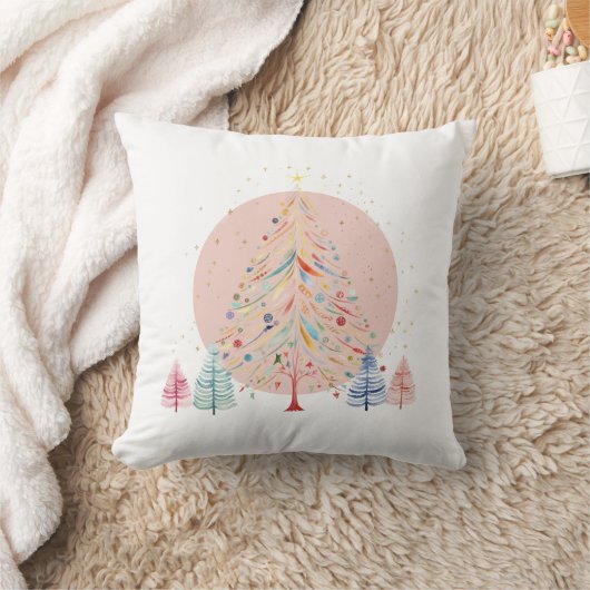 Whimsical Pastel Christmas Tree Pillow クッション (ブランケット)
