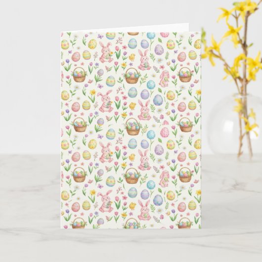 Whimsical Pastel Easter Bunny & Floral Pattern カード (黄色い花)