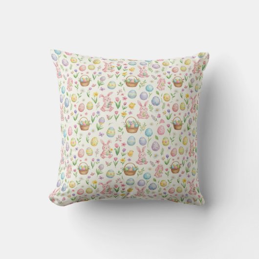 Whimsical Pastel Easter Bunny & Floral Pattern クッション (正面)