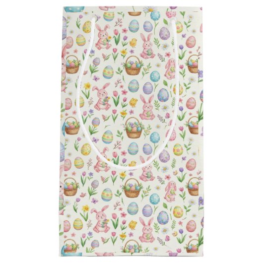 Whimsical Pastel Easter Bunny & Floral Pattern スモールペーパーバッグ (正面)