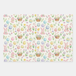 Whimsical Pastel Easter Bunny & Floral Pattern ラッピングペーパーシート