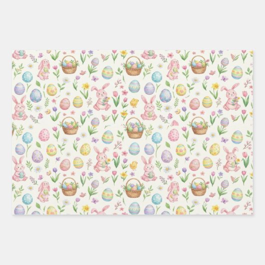 Whimsical Pastel Easter Bunny & Floral Pattern ラッピングペーパーシート (正面)