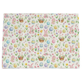 Whimsical Pastel Easter Bunny & Floral Pattern ラージペーパーバッグ