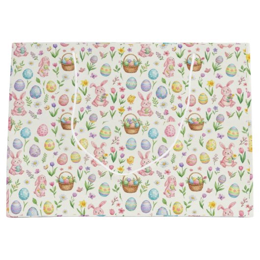 Whimsical Pastel Easter Bunny & Floral Pattern ラージペーパーバッグ (正面)
