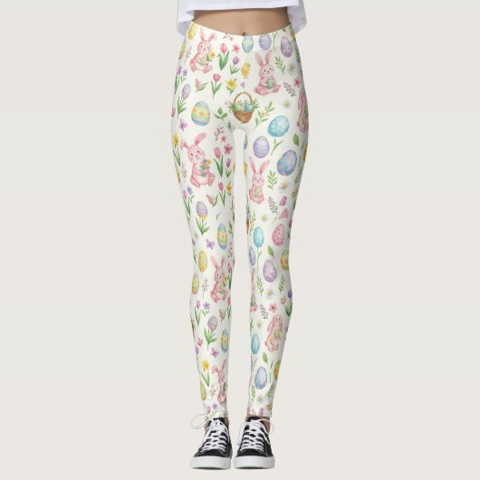 Whimsical Pastel Easter Bunny & Floral Pattern レギンス (正面)