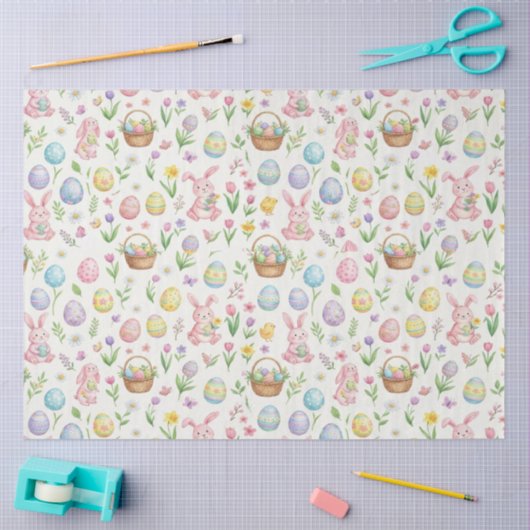 Whimsical Pastel Easter Bunny & Floral Pattern 薄葉紙 (クラフト)