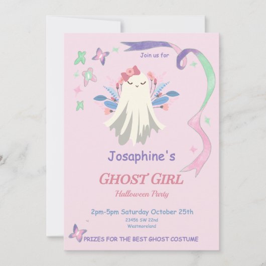 Whimsical Pastel Ghost Girl Halloween Party Invite (正面)