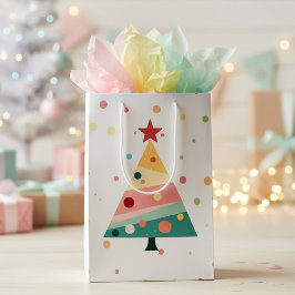 Whimsical Pastel Polka Dot Christmas Tree ミディアムペーパーバッグ