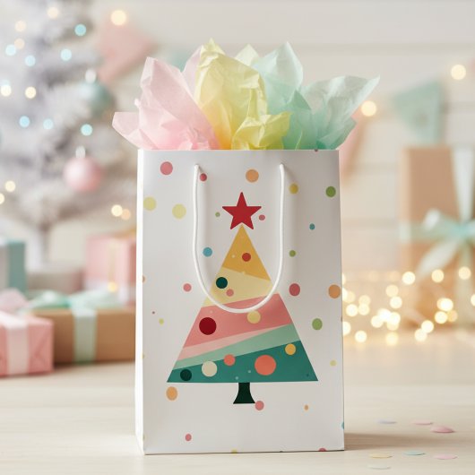 Whimsical Pastel Polka Dot Christmas Tree ミディアムペーパーバッグ
