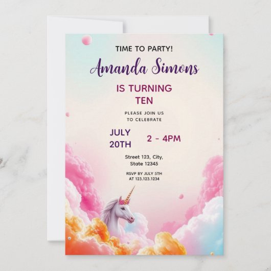 Whimsical Pastel Unicorn Cloud Girly 10th Birthday 招待状 (正面)