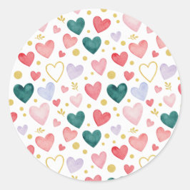 Whimsical Pastel Watercolor Hearts & Gold Leaf ラウンドシール