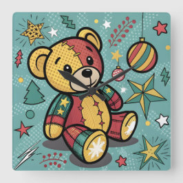 Whimsical Patchwork Christmas Teddy Bear スクエア壁時計