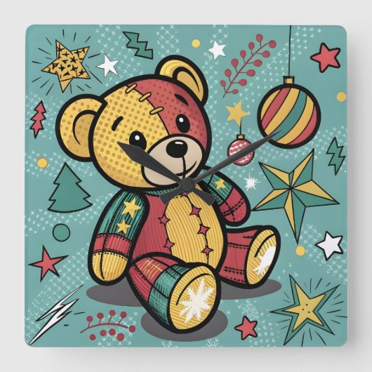 Whimsical Patchwork Christmas Teddy Bear スクエア壁時計 (正面)