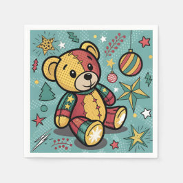 Whimsical Patchwork Christmas Teddy Bear スタンダードカクテルナプキン