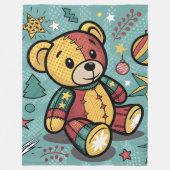 Whimsical Patchwork Christmas Teddy Bear フリースブランケット (正面)