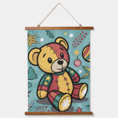 Whimsical Patchwork Christmas Teddy Bear 吊り下げ型タペストリー (正面)