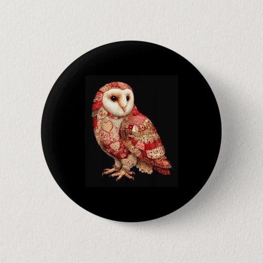 Whimsical Patchwork Owl With Hearts Pattern  缶バッジ (正面)