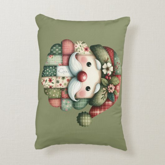 Whimsical Patchwork Santa Folk Christmas アクセントクッション (裏面(縦))