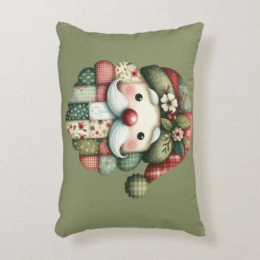 Whimsical Patchwork Santa Folk Christmas アクセントクッション (正面(垂直))