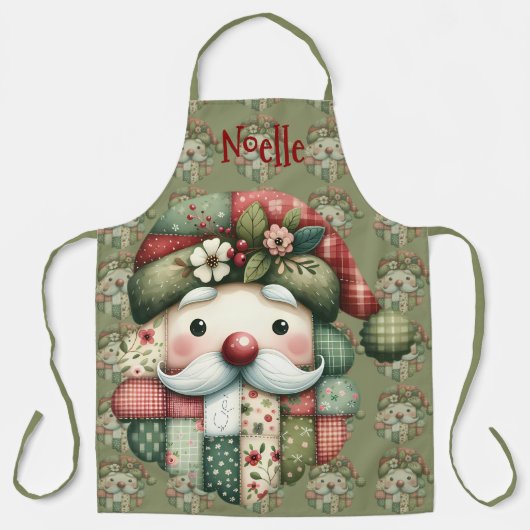 Whimsical Patchwork Santa Folk Christmas エプロン (正面)
