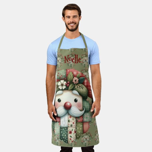 Whimsical Patchwork Santa Folk Christmas エプロン (着用した状態)