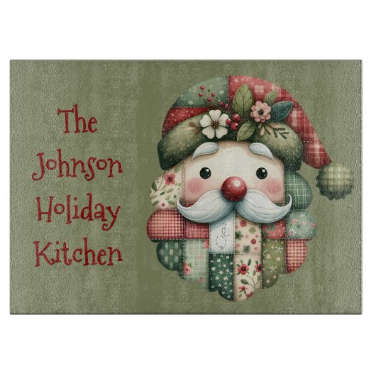 Whimsical Patchwork Santa Folk Christmas カッティングボード (正面)
