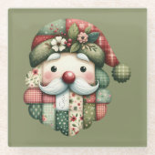 Whimsical Patchwork Santa Folk Christmas ガラスコースター (正面)