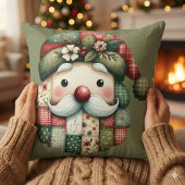 Whimsical Patchwork Santa Folk Christmas クッション