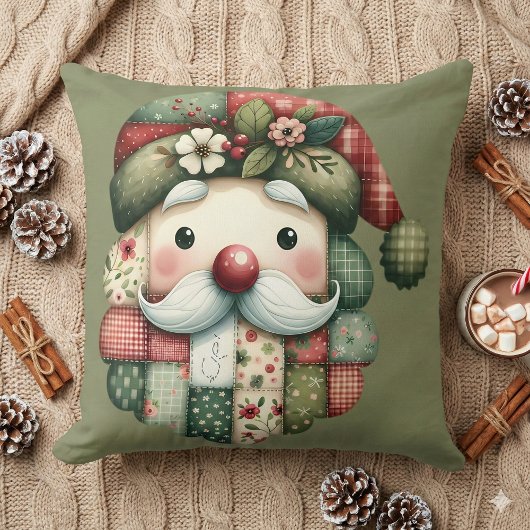 Whimsical Patchwork Santa Folk Christmas クッション