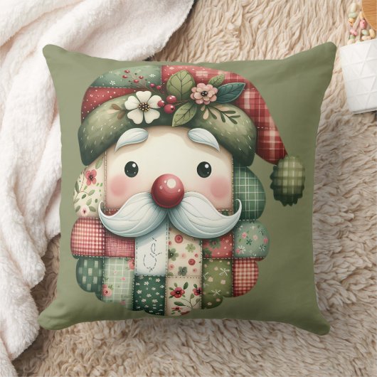 Whimsical Patchwork Santa Folk Christmas クッション (ブランケット)