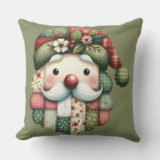 Whimsical Patchwork Santa Folk Christmas クッション (正面)