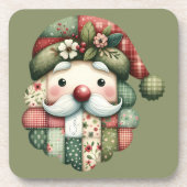 Whimsical Patchwork Santa Folk Christmas コースター (正面)