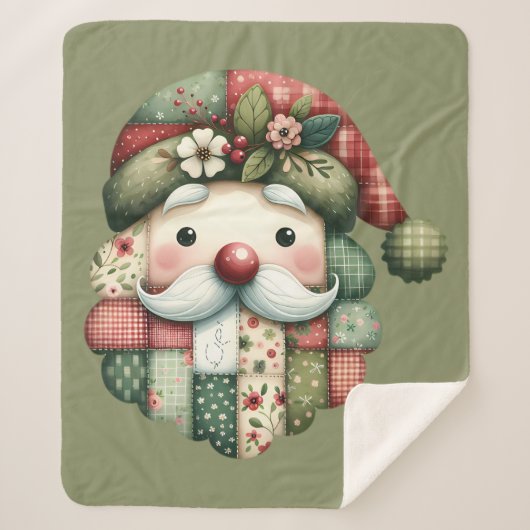Whimsical Patchwork Santa Folk Christmas シェルパブランケット (正面)
