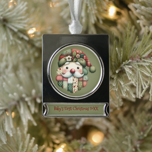 Whimsical Patchwork Santa Folk Christmas シルバープレートバナーオーナメント (ツリー)