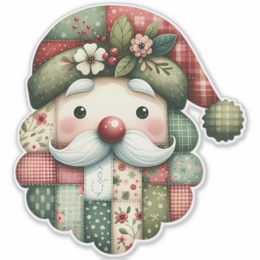 Whimsical Patchwork Santa Folk Christmas シール (正面)