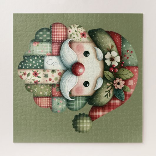 Whimsical Patchwork Santa Folk Christmas ジグソーパズル (横)