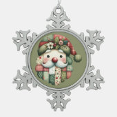 Whimsical Patchwork Santa Folk Christmas スノーフレークピューターオーナメント (正面)