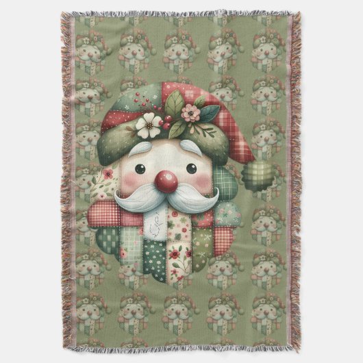 Whimsical Patchwork Santa Folk Christmas スローブランケット (正面縦)