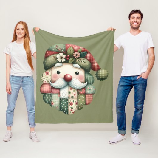 Whimsical Patchwork Santa Folk Christmas フリースブランケット (インサイチュ)