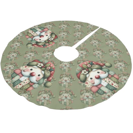 Whimsical Patchwork Santa Folk Christmas ブラッシュドポリエステルツリースカート (アングル)