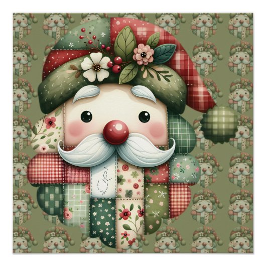 Whimsical Patchwork Santa Folk Christmas ポスター (正面)