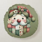 Whimsical Patchwork Santa Folk Christmas ラウンドクッション (正面)